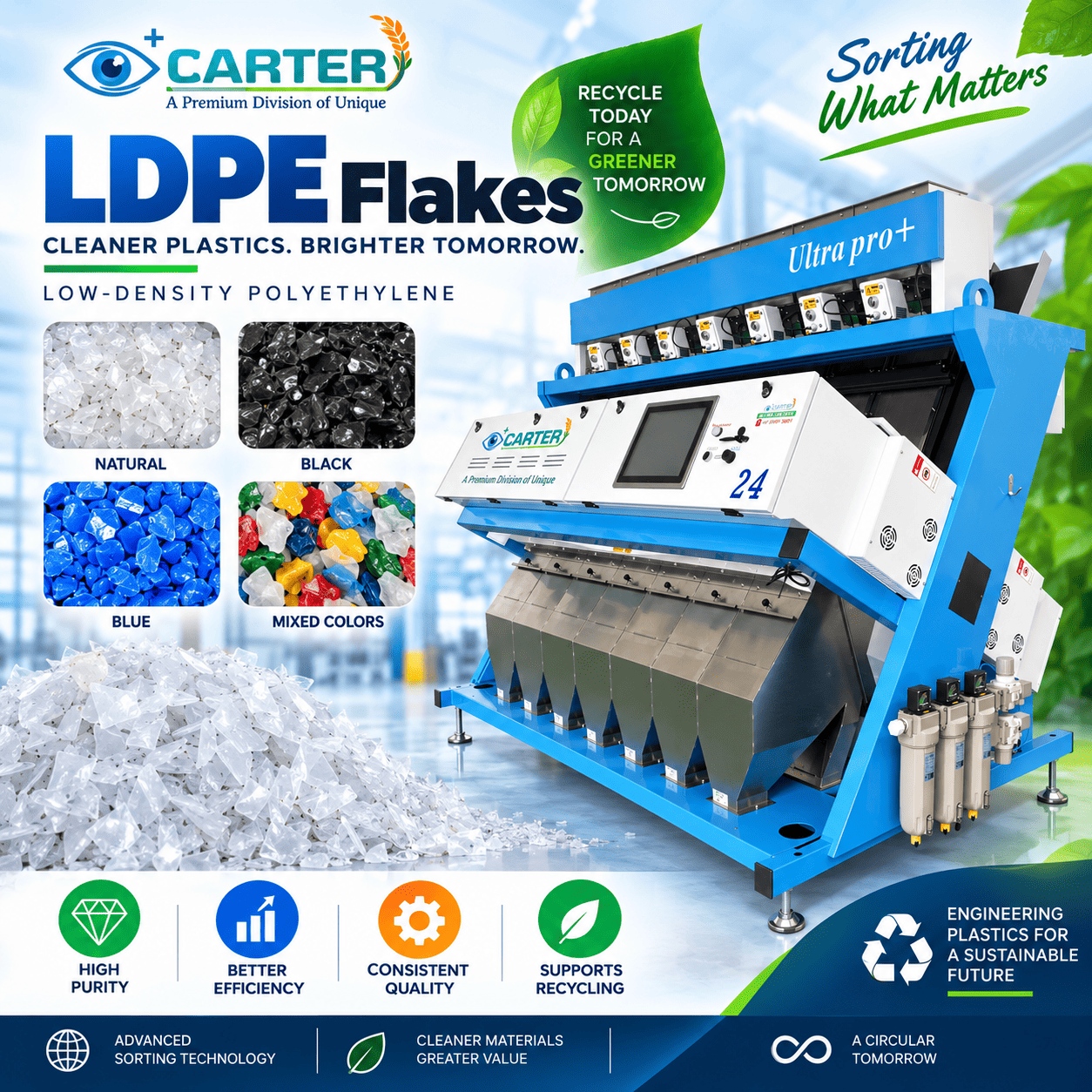 Low-Density Polyethylene (LDPE) Flakes: Recycling & Color Sorter Machine